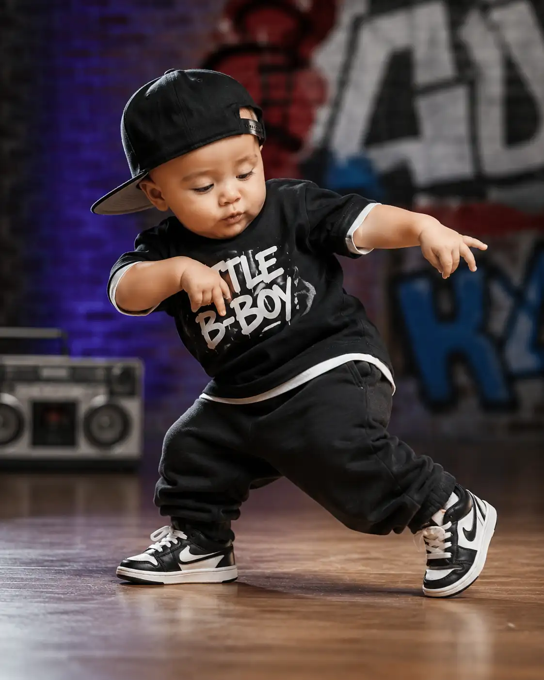 A high quality AI generated image of #0102 Baby dancing hip hop