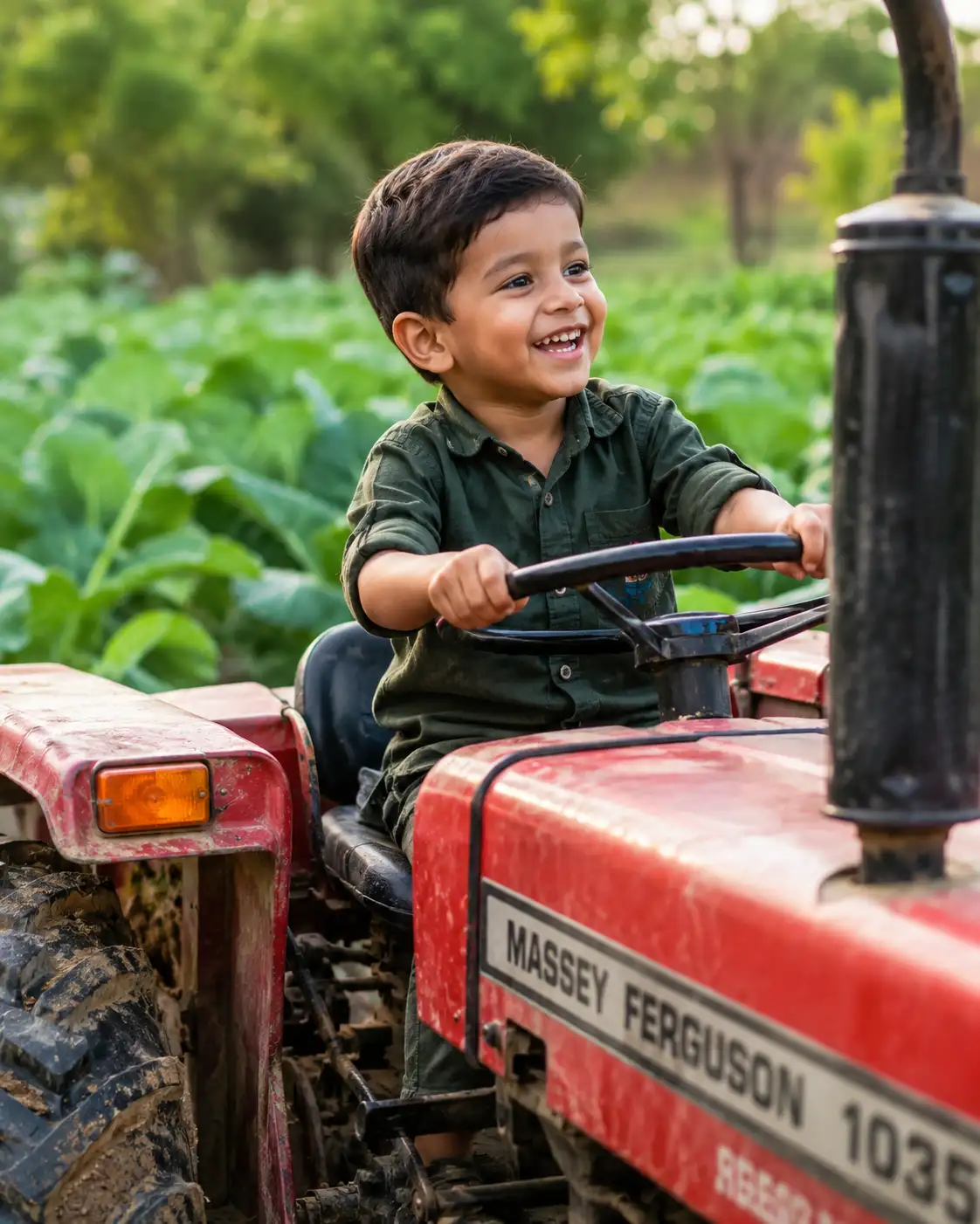 A high quality AI generated image of #0103 Indian toddler driving a tractor