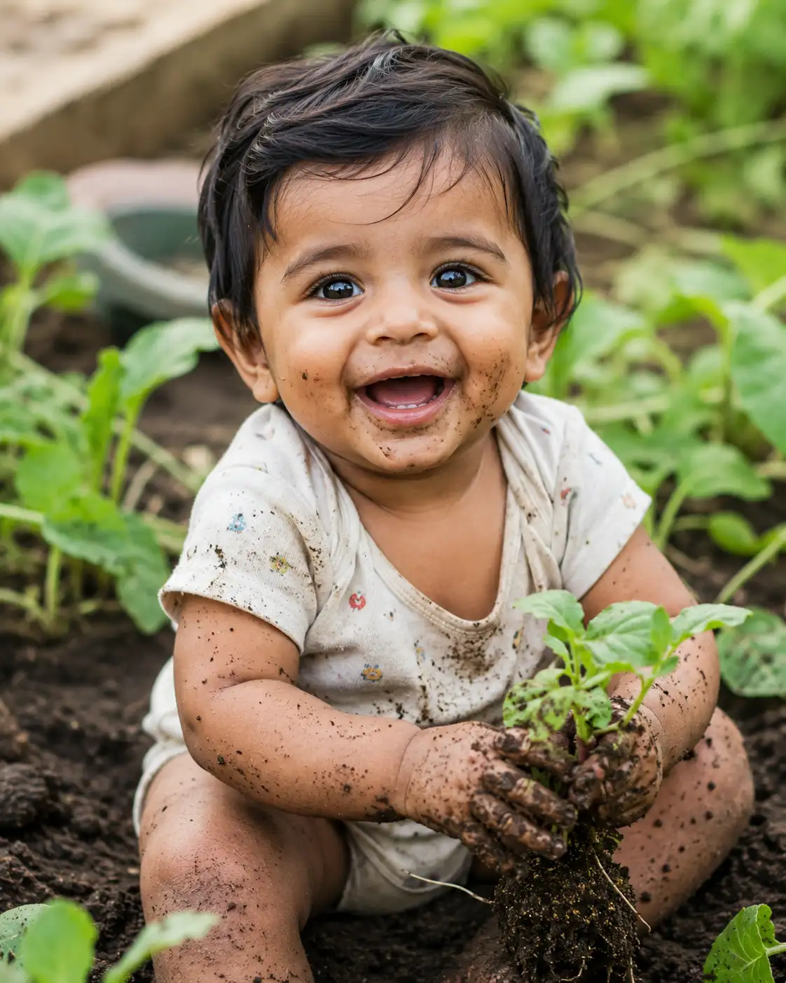 A high quality AI generated image of #0105 Toddler playing in the ground with plant and mud