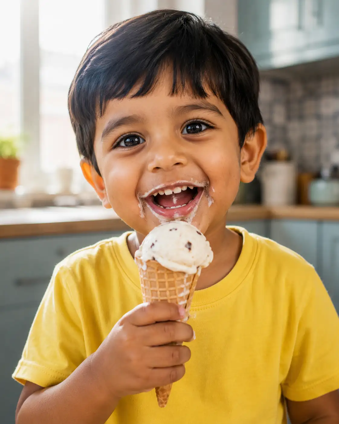 A high quality AI generated image of #0106 Todller eating ice cream