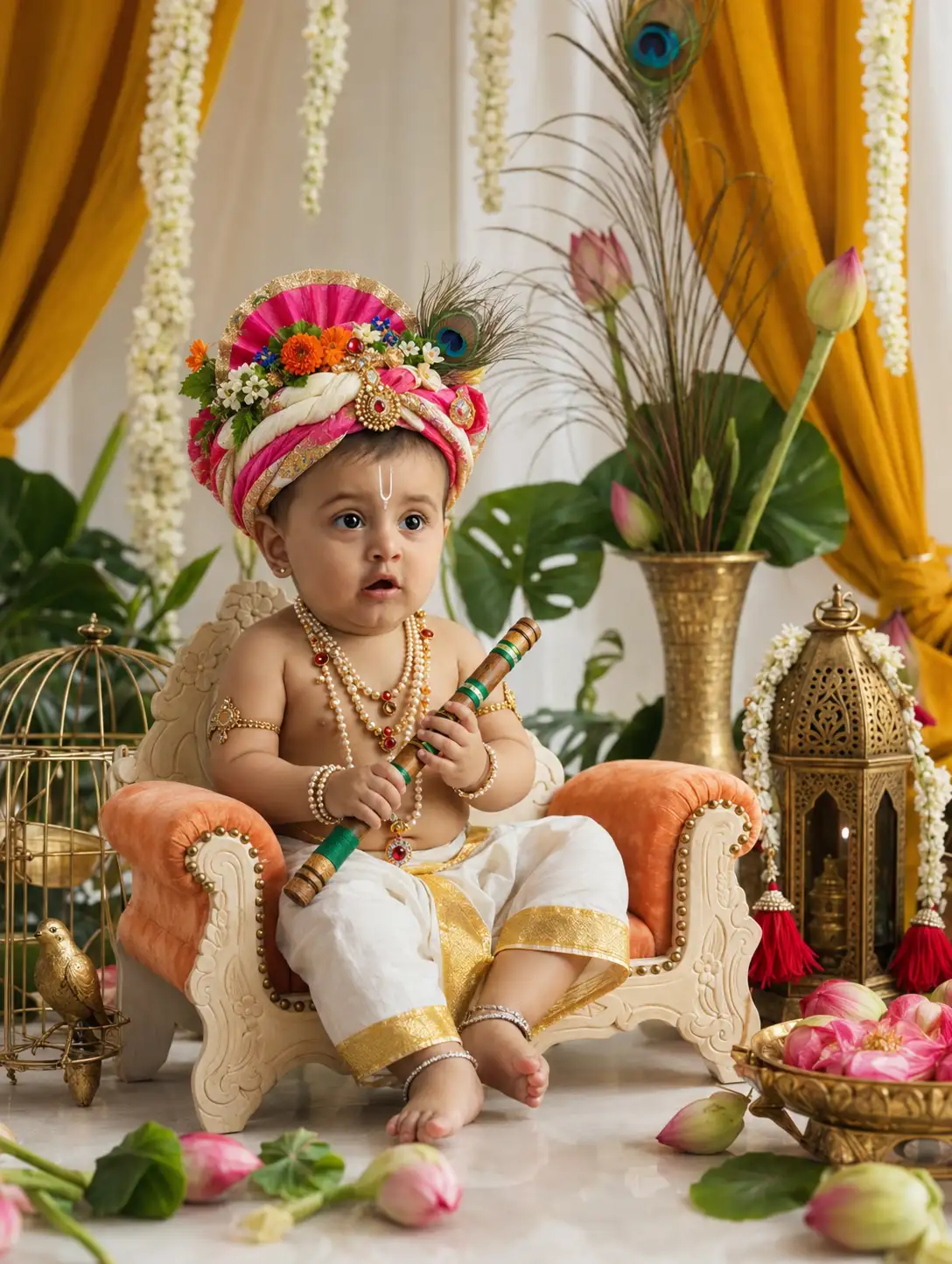 A high quality AI generated image of #0143 Elegant Janmashtami Baby Krishna Photography with Floral and Peacock Theme