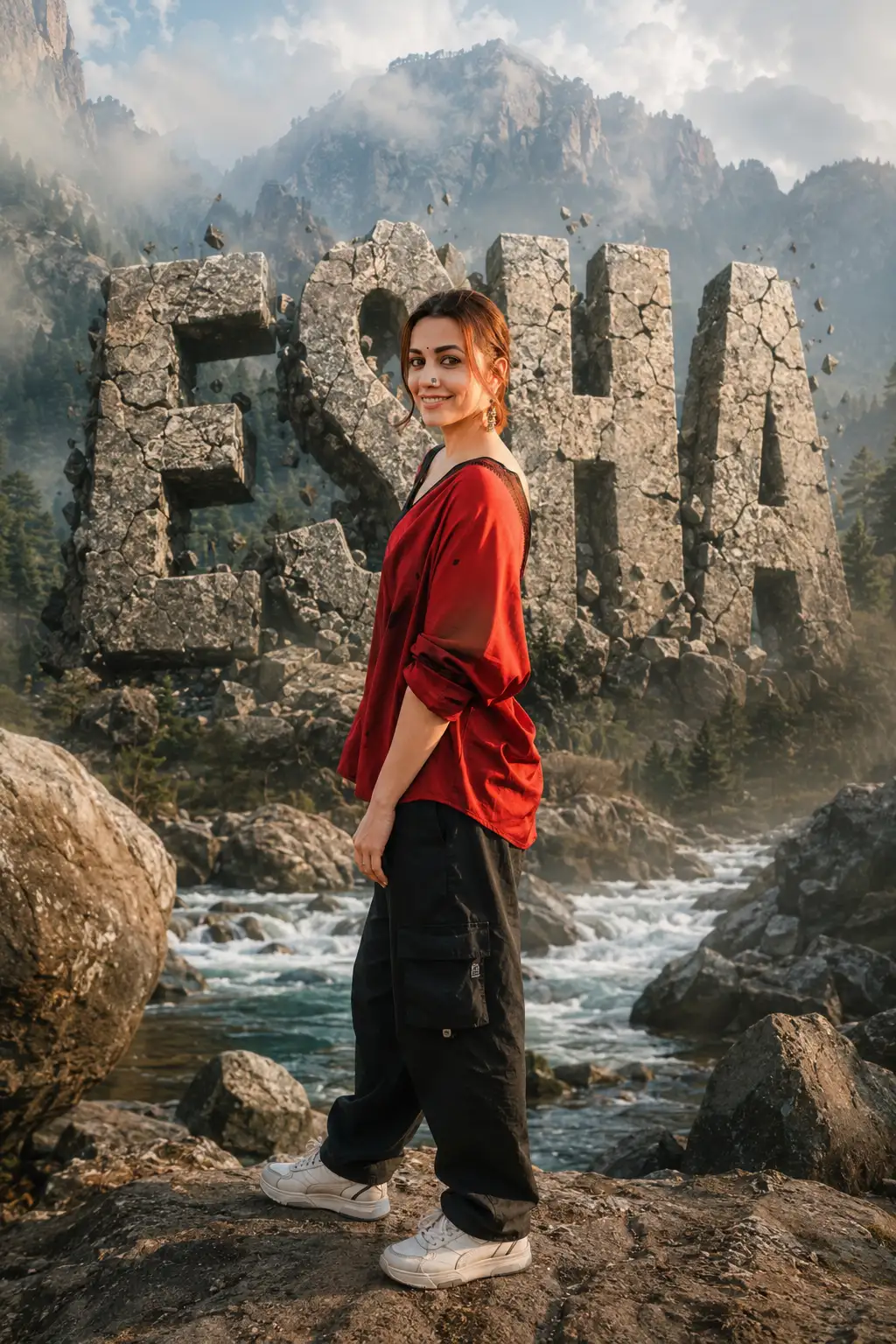 A high quality AI generated image of #0144 Realistic Mountain Background Name Portrait