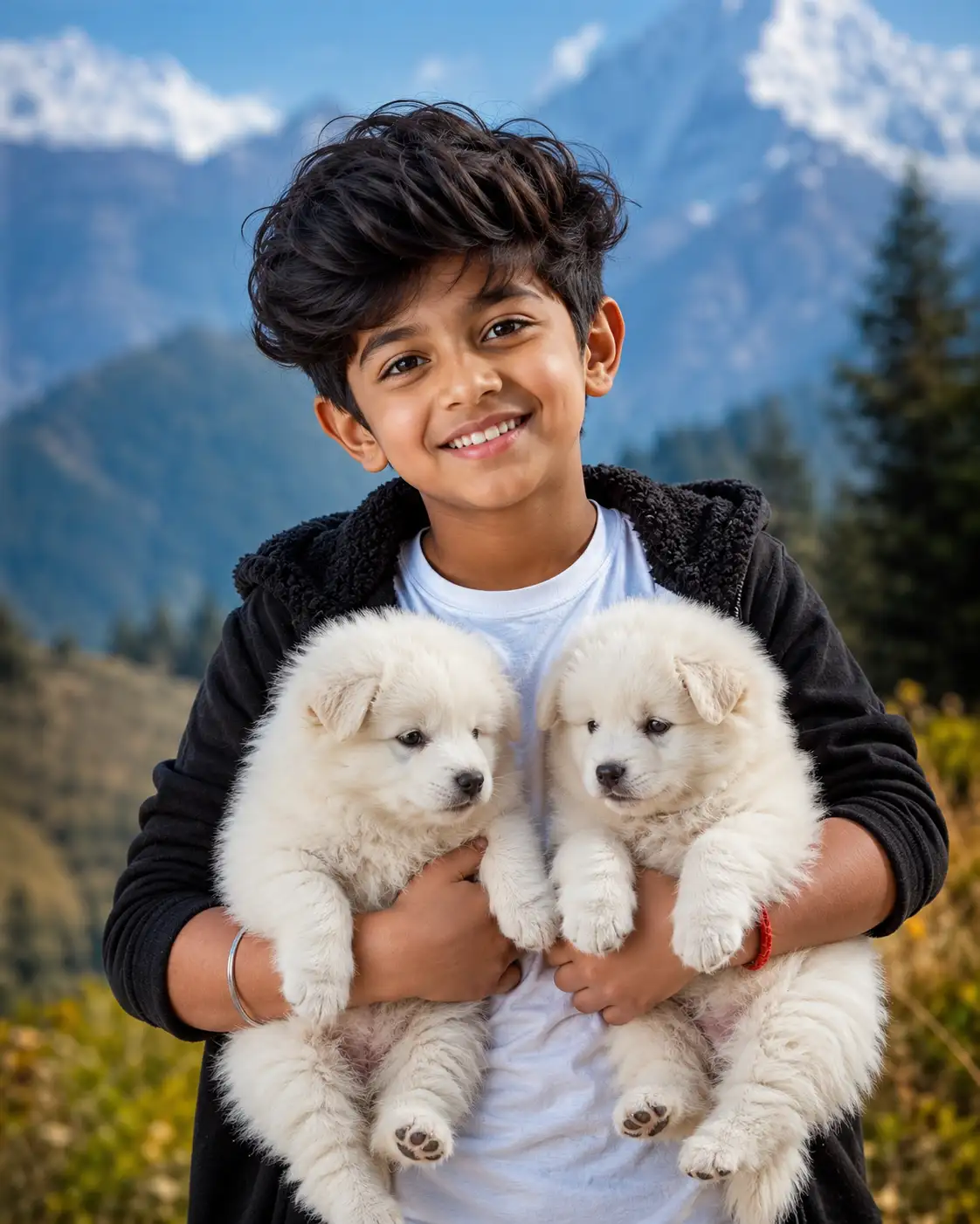 A high quality AI generated image of #0145 Cinematic Outdoor Child Portrait with Adorable White Puppies