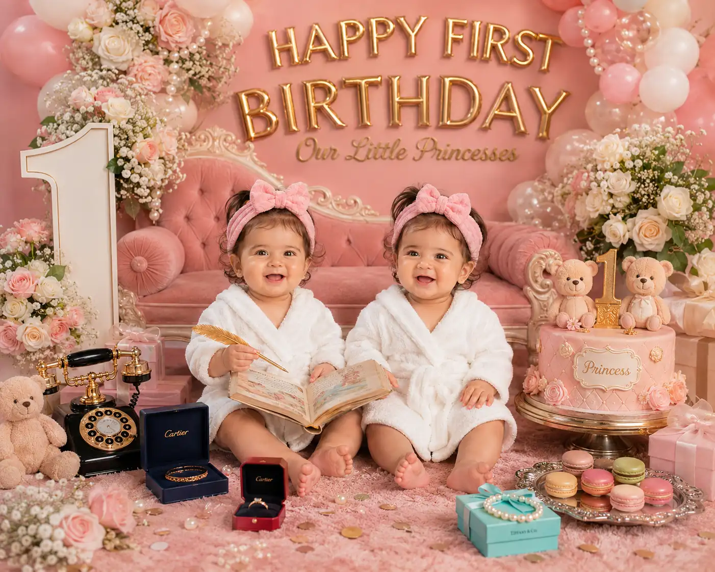 A high quality AI generated image of #0149 Twin Baby Girls Happy First Birthday Luxury Photoshoot