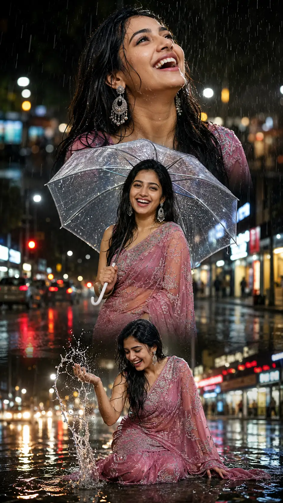 A high quality AI generated image of #0155 Beautiful Rainy Night Saree Photoshoot