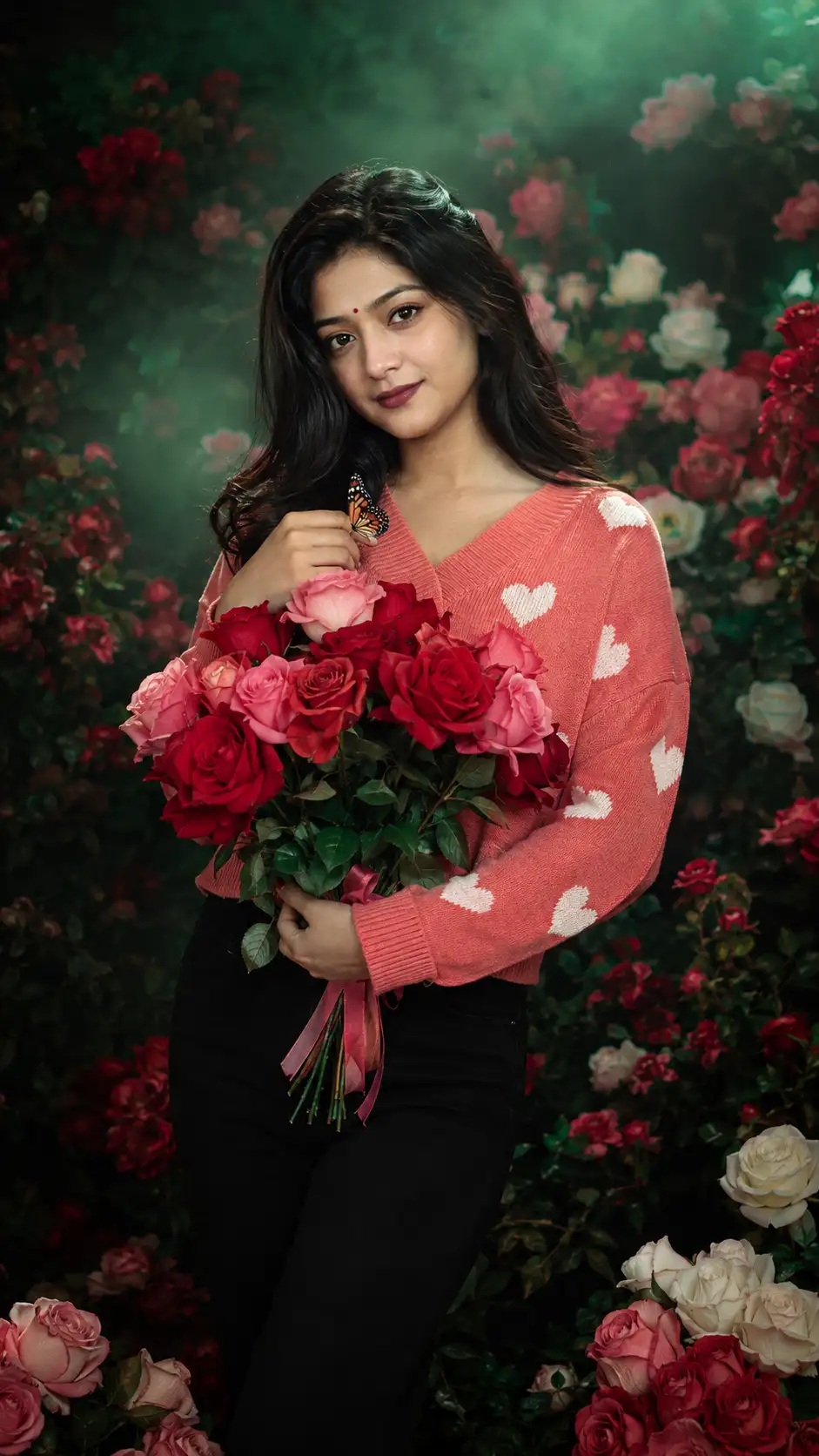 A high quality AI generated image of #0156 Rose Bouquet Portrait Photography