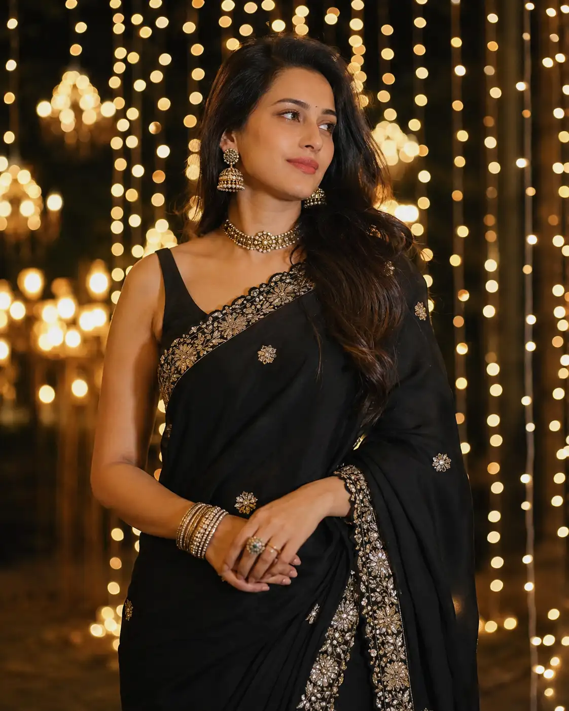A high quality AI generated image of #0157 Elegant Black Saree Night Portrait Photoshoot