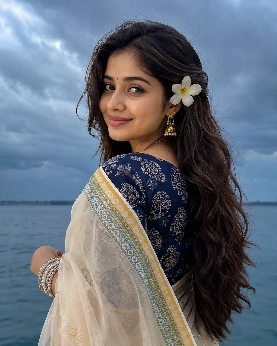 A high quality AI generated image of #0158 Traditional Saree Look with Floral Elegance
