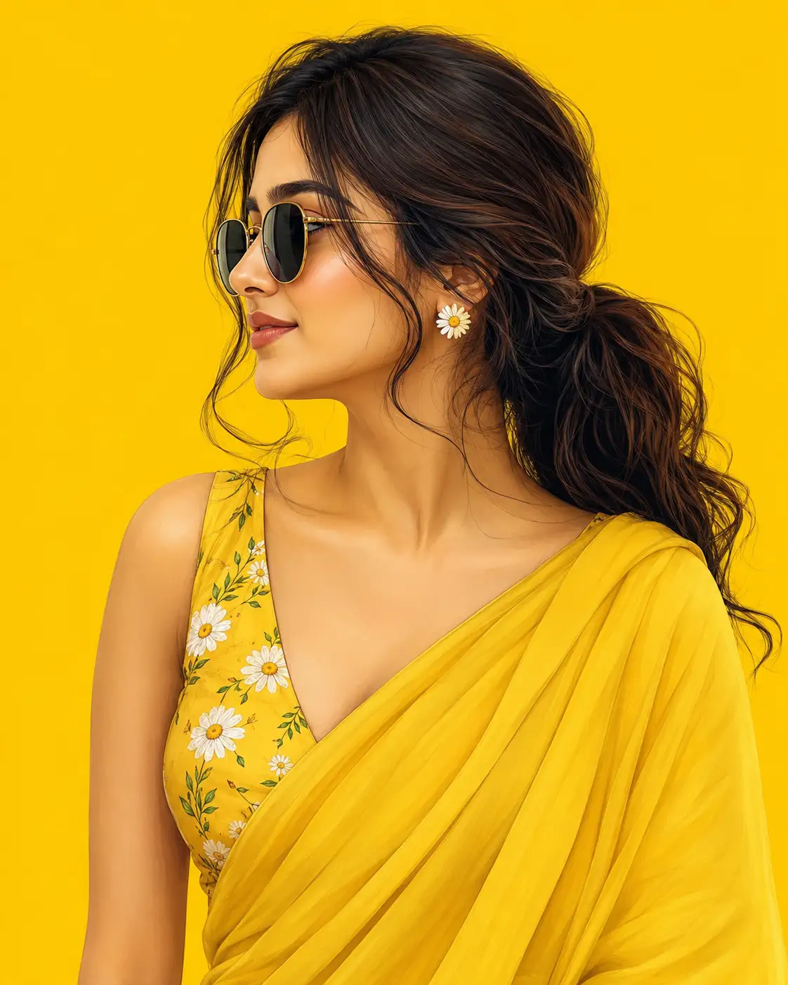 A high quality AI generated image of #0159 Floral Yellow Saree Look with Sunglasses