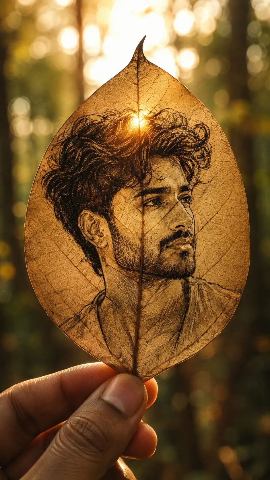 A high quality AI generated image of #0162 Hand Drawn Portrait on a Dried Leaf Artwork