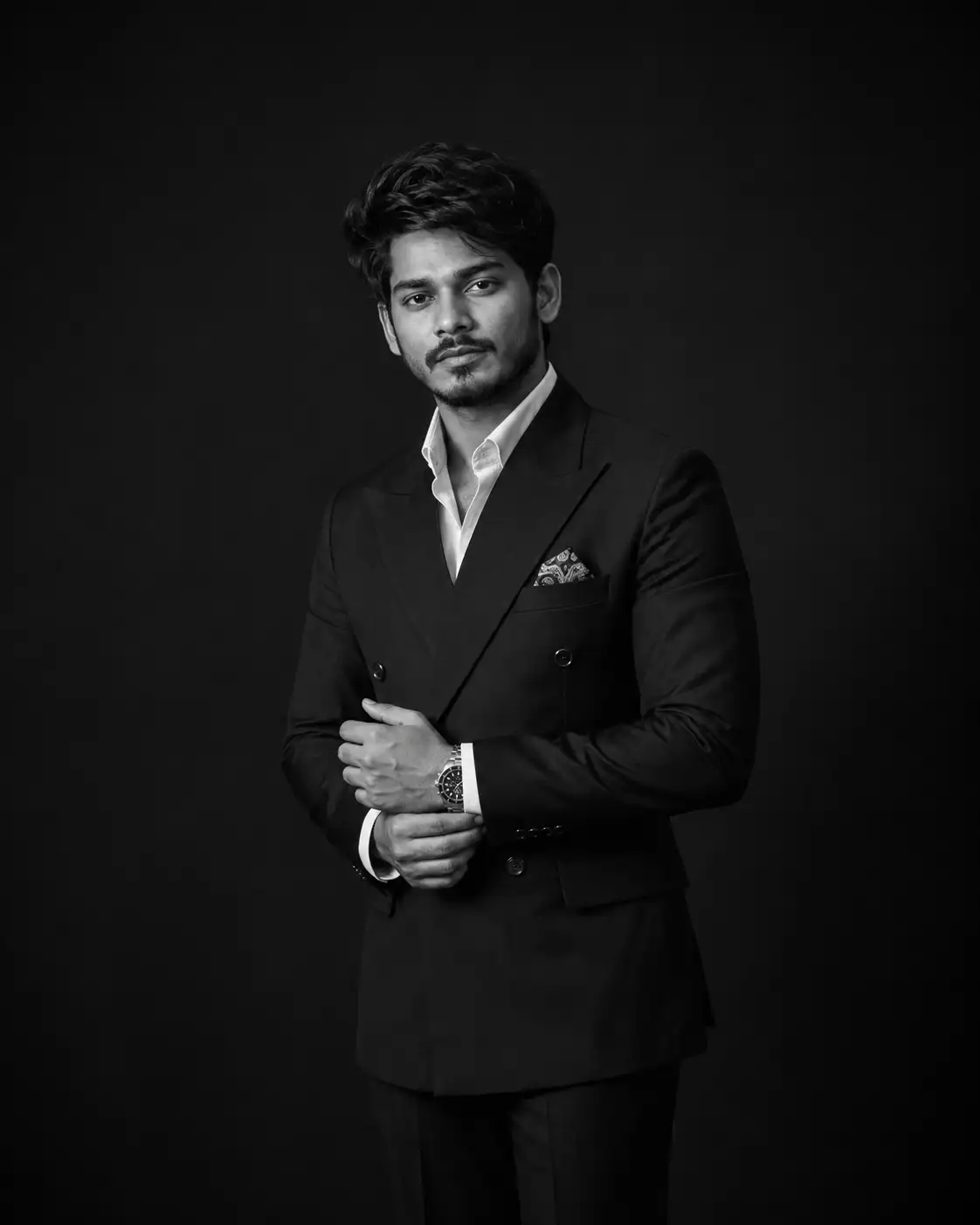 A high quality AI generated image of #0164 Luxury Men’s Black Suit Portrait Photography