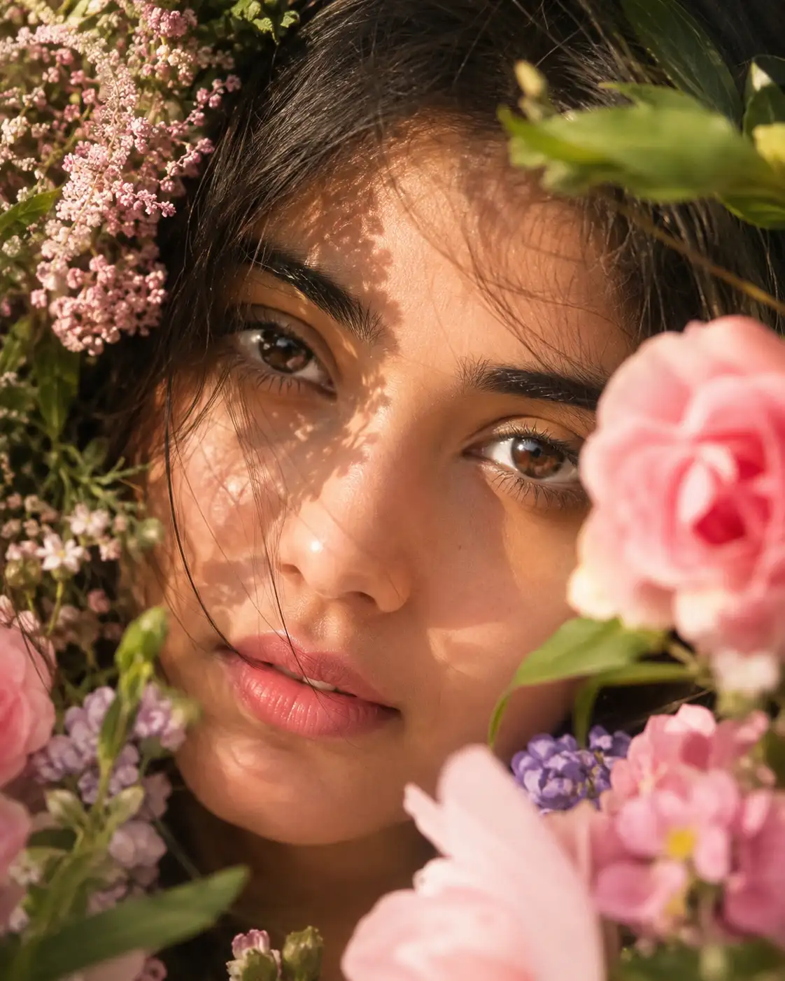 A high quality AI generated image of #0165 Cinematic Woman Portrait with Pink Flowers