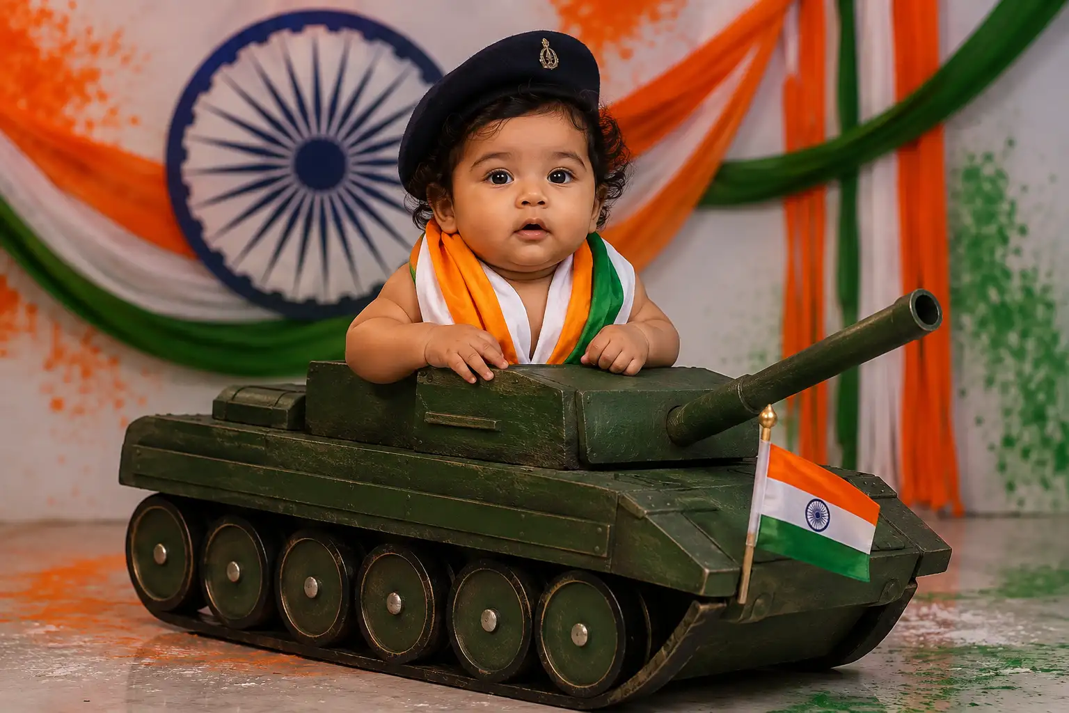 A high quality AI generated image of #0192 Baby Patriotic Tank Photoshoot with Indian Flag