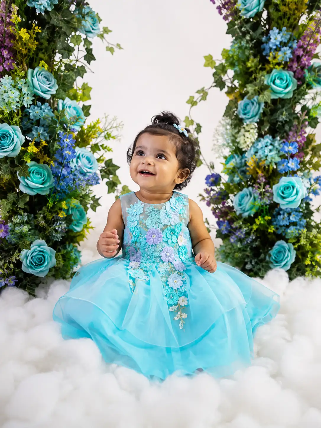 A high quality AI generated image of #0194 Turquoise Floral Cloud Baby Photoshoot