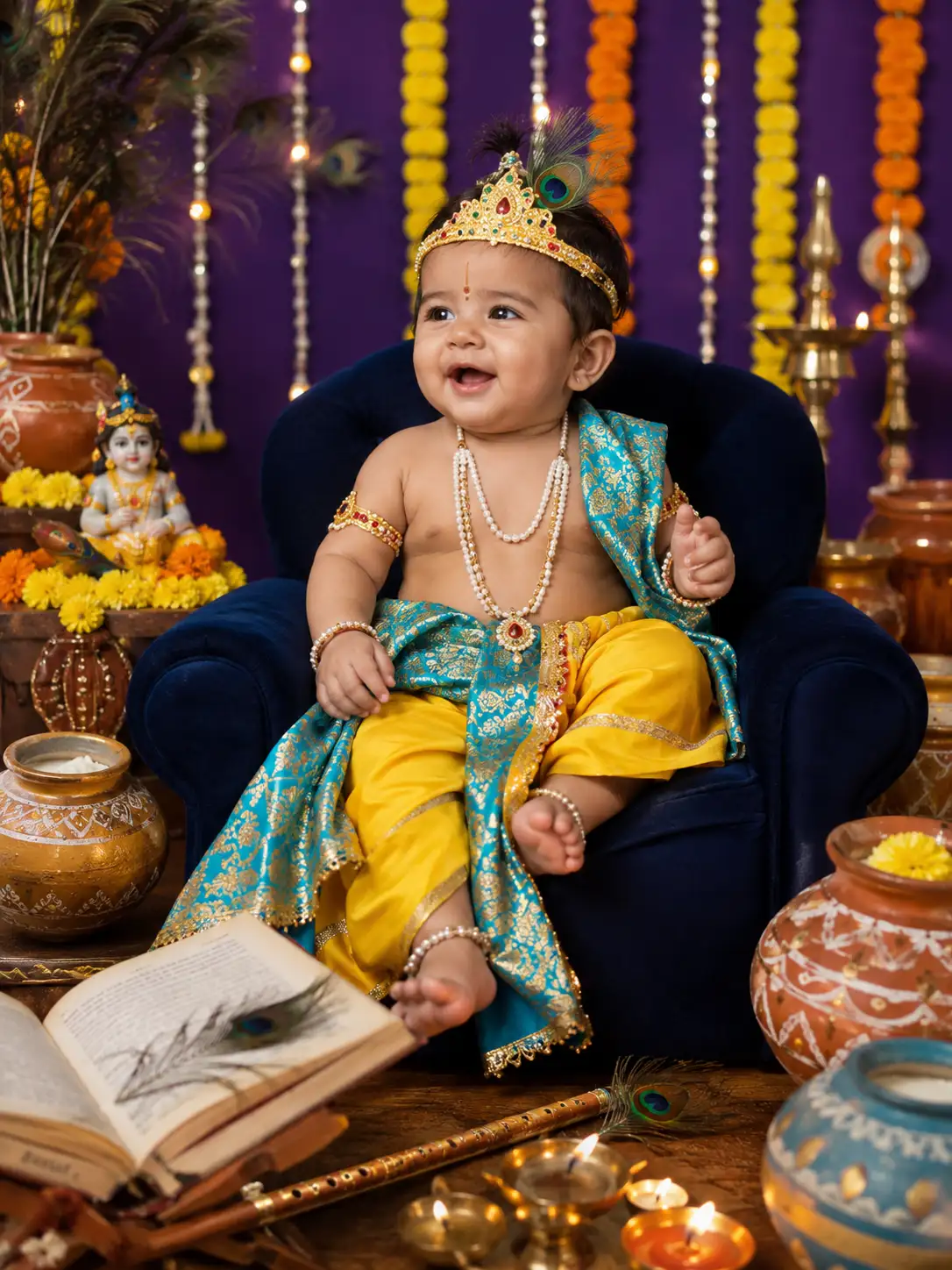 A high quality AI generated image of #0195 Traditional Baby Krishna Janmashtami Portrait