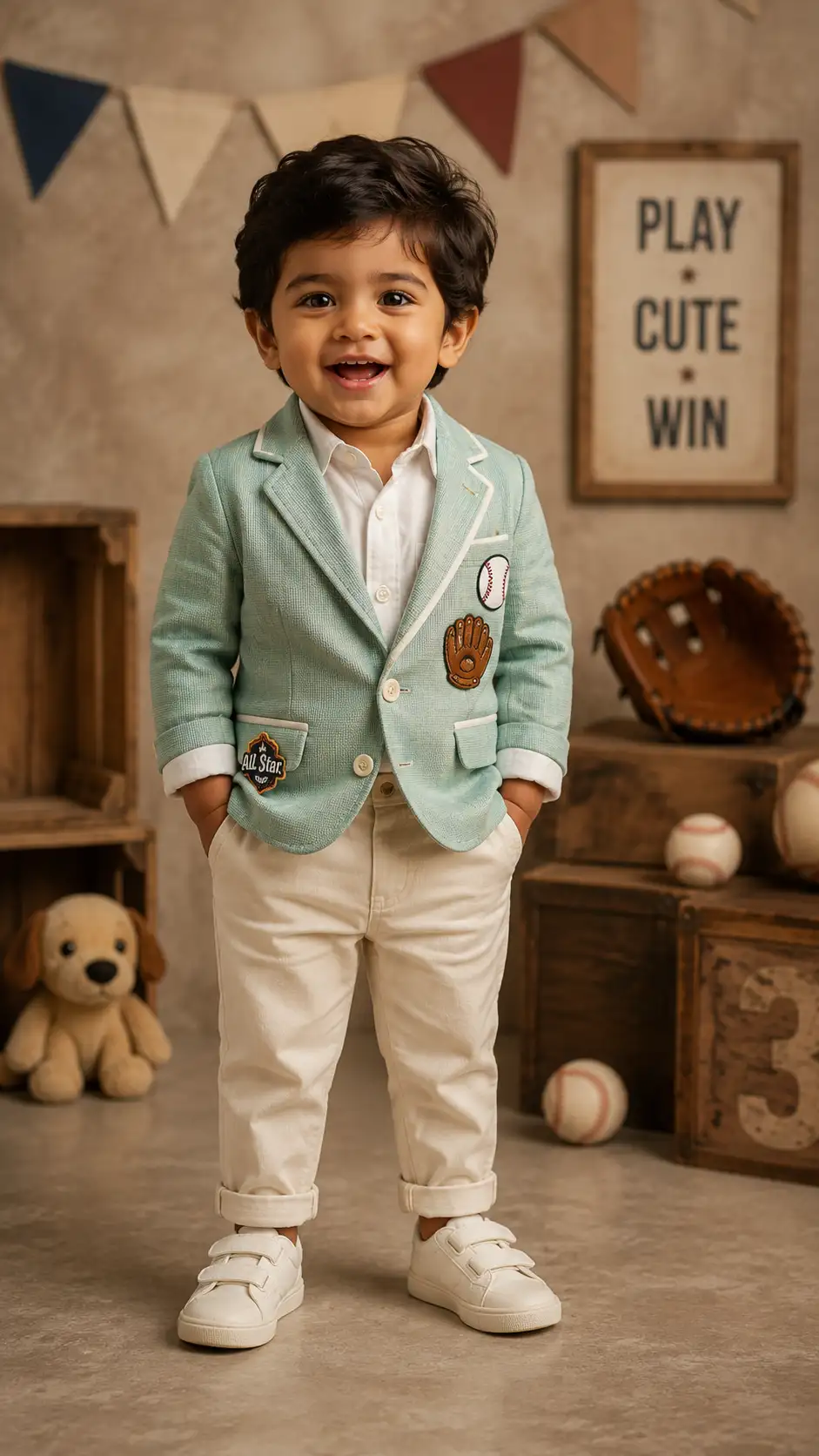 A high quality AI generated image of #0196 Cute Little Champ Baseball Studio Photoshoot