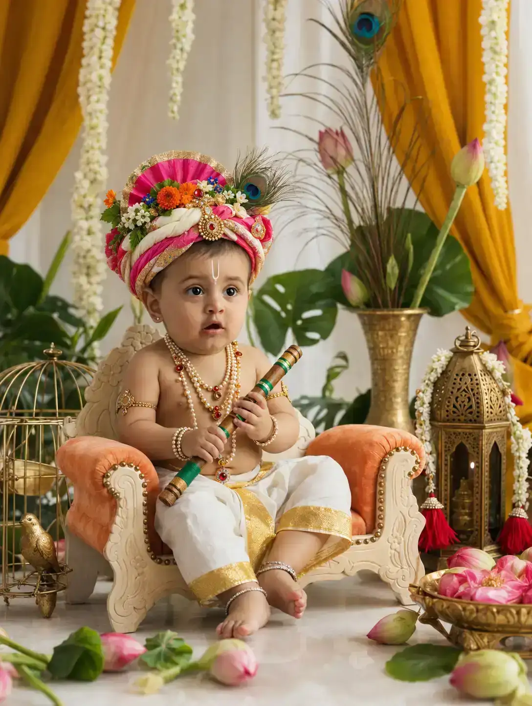 #0143 Elegant Janmashtami Baby Krishna Photography with Floral and Peacock Theme